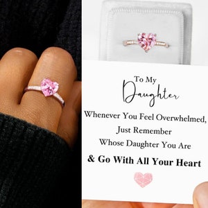 To My Daughter Pink Diamond Heart Ring, Sterling Silver Promise Ring for Women, Wedding Jewelry, Birthday Gift from Mom, Anniversary Gift