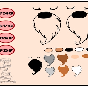 May include: A digital design file set for a cartoon character with a beard. The set includes a black and white outline of the character's face, beard, and eyes, as well as a variety of colour options for the beard and skin. The file types included are PNG, SVG, DXF, and PDF. The text "Rock Pebble & Stone Creations" is also included in the image.