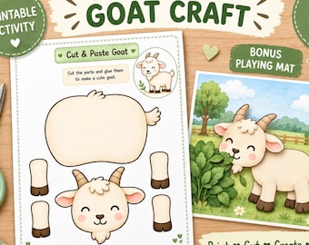 Cut and Paste Goat Craft Printable, Farm Animal Craftivity for Preschoolers, Toddler Scissor Skills Activity, Homeschool Busy Book, Play Mat
