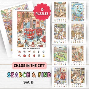 Op de afbeelding: Een set van tien "Zoek & Vind" puzzelkaarten. De kaarten bevatten kleurrijke illustraties met verborgen objecten, waaronder een brandweerkazerne met een rode brandweerwagen. De set heeft de titel "Chaos in the City".