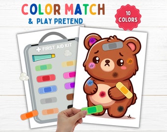 Attività di abbinamento dei colori dell'orsacchiotto malato Gioco drammatico Kit di pronto soccorso per bambini piccoli, set da gioco del dottore in età prescolare, cerotto in dieci colori