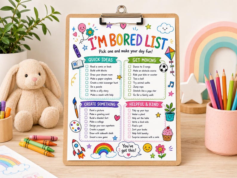 May include: A wooden clipboard with a colorful "I'M BORED LIST" checklist. The list includes ideas for quick activities, getting active, creative projects, and helpful tasks. The design features illustrations of a rocket, rainbow, cupcake, and other playful elements.