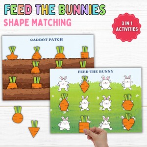 Puede incluir: Una actividad educativa imprimible para niños con un huerto de zanahorias y conejos. La actividad incluye hacer coincidir las formas y alimentar a los conejos con zanahorias. El texto en la página dice "Alimenta a los conejos Coincidencia de formas" y "Huerto de zanahorias".