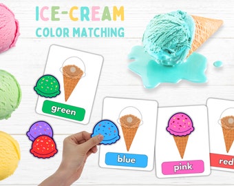 Actividades imprimibles para niños pequeños para combinar colores: Juego de clasificación de colores de helados y carpeta de aprendizaje de colores para preescolares. Libro de actividades tranquilas para niños de preescolar.