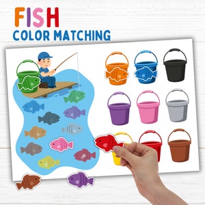 Printable Toddler Color Matching Game Fish Bucket Activity Montessori Learning For Ages 2 to 5 Preschool Busy Book For Fine Motor Activities