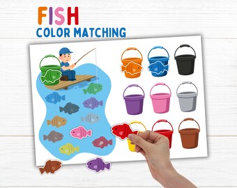 Gioco di abbinamento colori stampabile per bambini Attività con secchiello per pesci Apprendimento Montessori per bambini da 2 a 5 anni Libro impegnativo in età prescolare per attività motorie fini