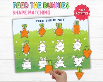 Spring Activity Pack Feed the Bunny Shape Matching Printable Toddler Busy Book, Shadow Match Game, Rabbit Carrot Preschool Activity