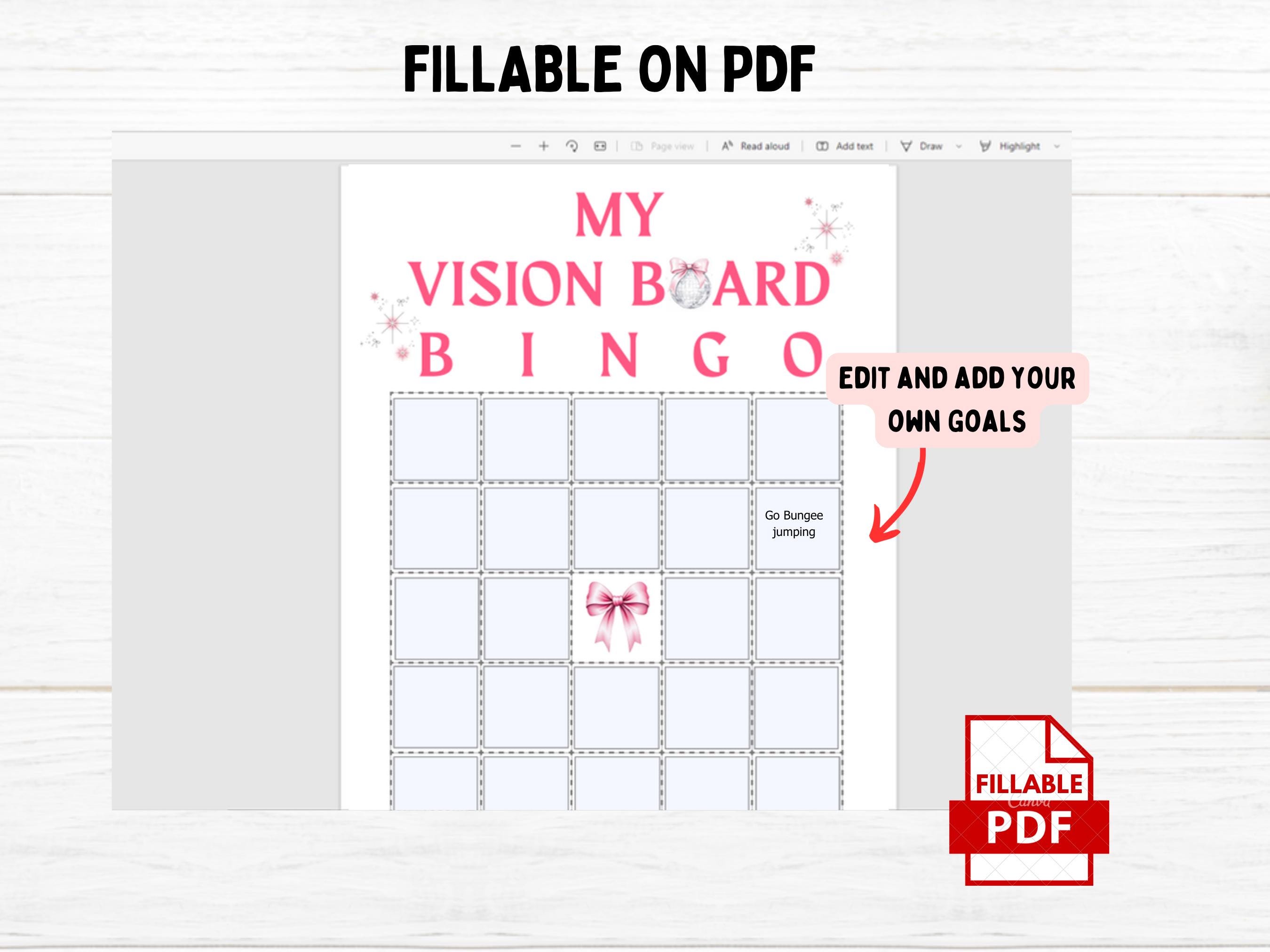Editable Vision Board Bingo Template PDF, Printable Goal Setting ...