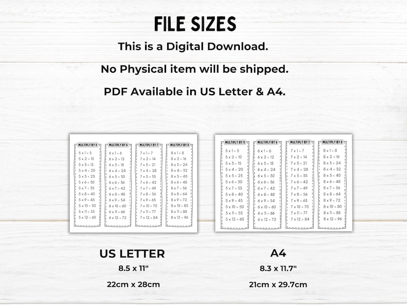 May include: Black and white printable multiplication charts for numbers 5, 6, 7, and 8. The charts are designed for US Letter and A4 paper sizes. The text "FILE SIZES" is at the top of the image. The text "This is a Digital Download." is below the title. The text "No Physical item will be shipped." is below the first line of text. The text "PDF Available in US Letter & A4." is below the second line of text. The text "US LETTER" is below the multiplication charts. The text "8.5 x 11" is below the "US LETTER" text. The text "22cm x 28cm" is below the first measurement. The text "A4" is below the multiplication charts. The text "8.3 x 11.7" is below the "A4" text. The text "21cm x 29.7cm" is below the first measurement.