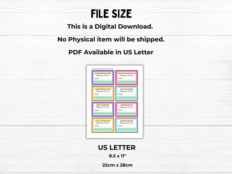 Pu&ograve; includere: Modello di certificato di premio stampabile in formato US Letter (8,5 x 11 pollici). Il modello presenta sei diversi certificati di premio con bordi colorati e stelle dorate. Il testo sui certificati recita "Award Certificate".