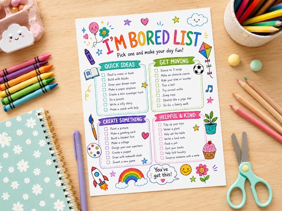 Kids I'm Bored List Printable, Summer Activity Chart for Toddlers, Screen Free Kids Boredom Buster, Daily Checklist Poster, Hygge Style