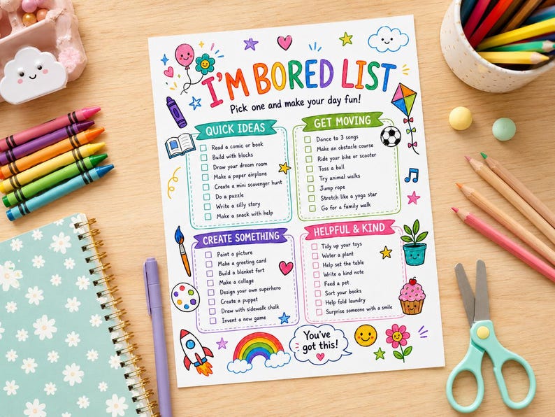 Kids I'm Bored List Printable, Summer Activity Chart for Toddlers, Screen Free Kids Boredom Buster, Daily Checklist Poster, Hygge Style image 1