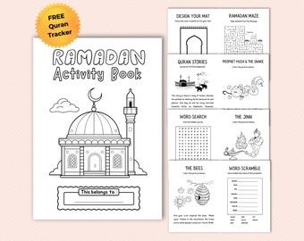Książka aktywności Ramadan do wydrukowania dla dzieci, kolorowanka Ramadan dla dzieci w wieku od 6 do 9 lat, islamska książka aktywności z bezpłatnym śledzeniem Koranu, natychmiastowy wydruk