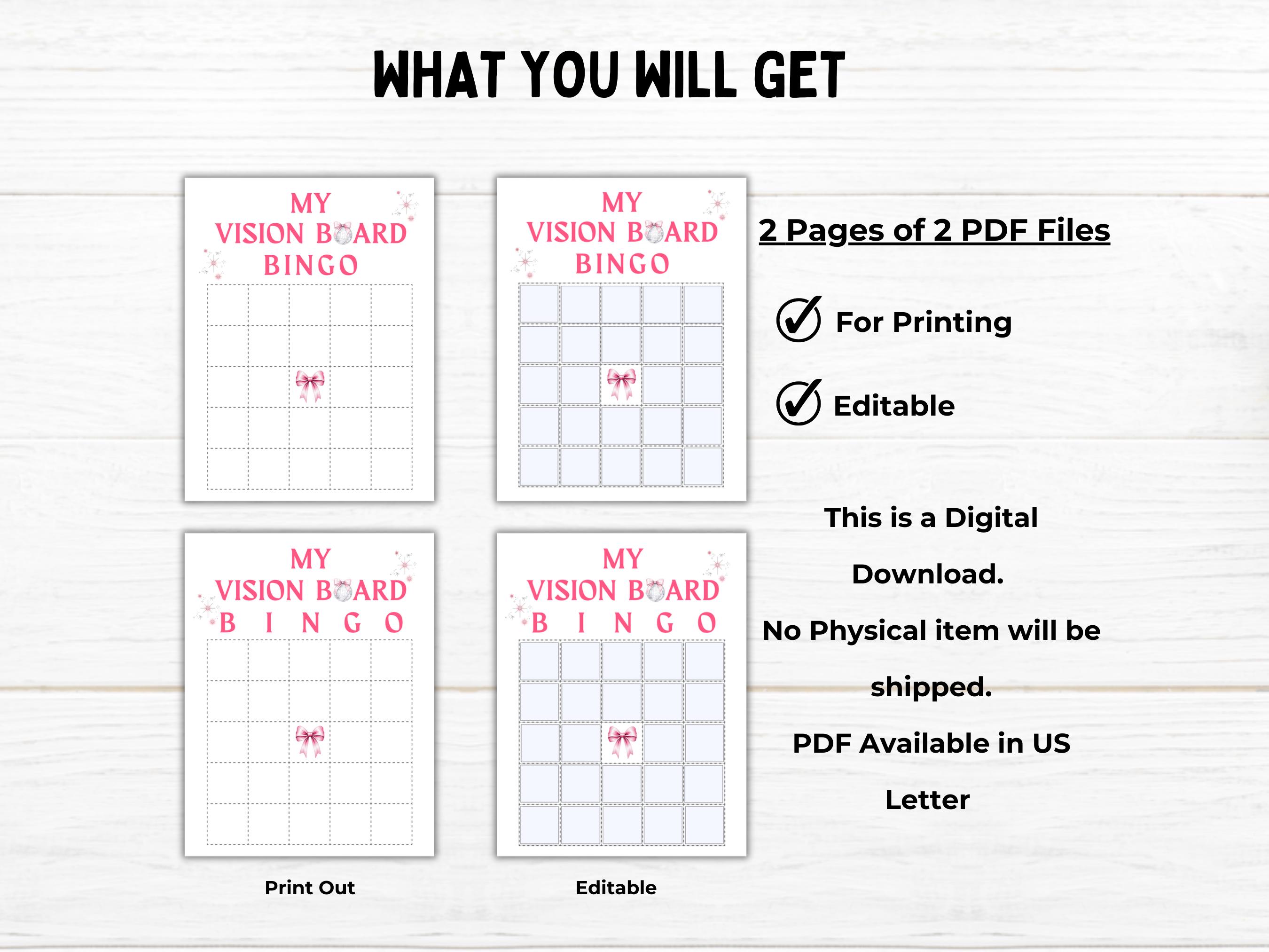 Editable Vision Board Bingo Template PDF, Printable Goal Setting ...