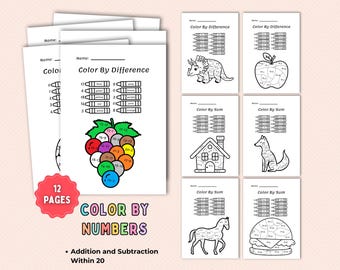 Math Worksheets Addition and Subtraction within 20 Color by Number for kindergarten and first second graders Coloring Activity for Kids