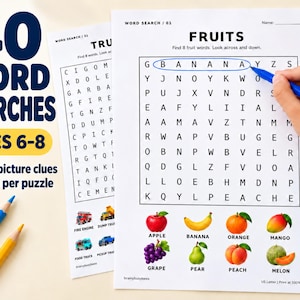 May include: A word search activity sheet titled FRUITS with a grid of letters and eight colorful fruit illustrations including apple, banana, orange, mango, grape, pear, peach, and melon. The page includes a name line and instructions.
