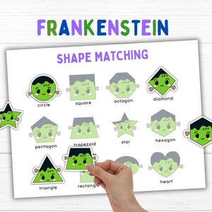 Frankenstein Shape Matching Game Kids Printable Toddler Activity Montessori Learning Ages 2 to 5 Preschool Busy Book Fine Motor Activities