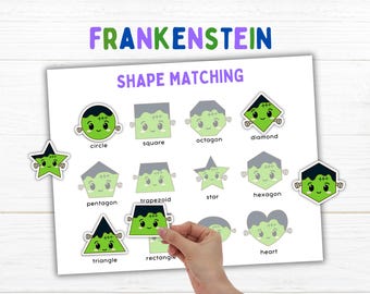 Frankenstein Shape Matching Game Kids Printable Toddler Activity Montessori Learning Ages 2 to 5 Preschool Busy Book Fine Motor Activities