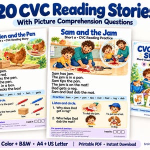 May include: A set of 20 CVC reading stories with picture comprehension questions, including printable PDF pages featuring short vowel practice, illustrated stories like The Hen and the Pen and Sam and the Jam, and phonics exercises for early readers.