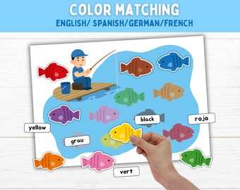 Fish Color Matching Game in English, Spanish, German, French Montessori Activity For Toddlers and Preschoolers Fine Motor Skills Busy Book