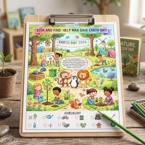 May include: A colorful Earth Day seek-and-find activity sheet on a wooden clipboard. The illustration features children planting trees, animals, and a checklist. Text includes "SEEK AND FIND: HELP MAX SAVE EARTH DAY!" and "EARTH DAY 2026".