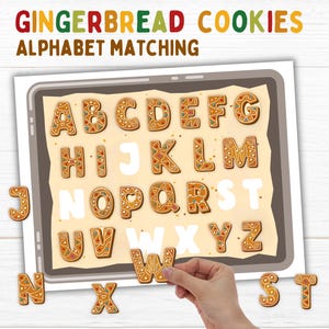 May include: Gingerbread cookies shaped like letters of the alphabet on a baking sheet. The letters are decorated with icing and sprinkles.  The letters are arranged in alphabetical order.  The letters are being matched to the correct letter on the baking sheet.  Gingerbread Alphabet Matching.