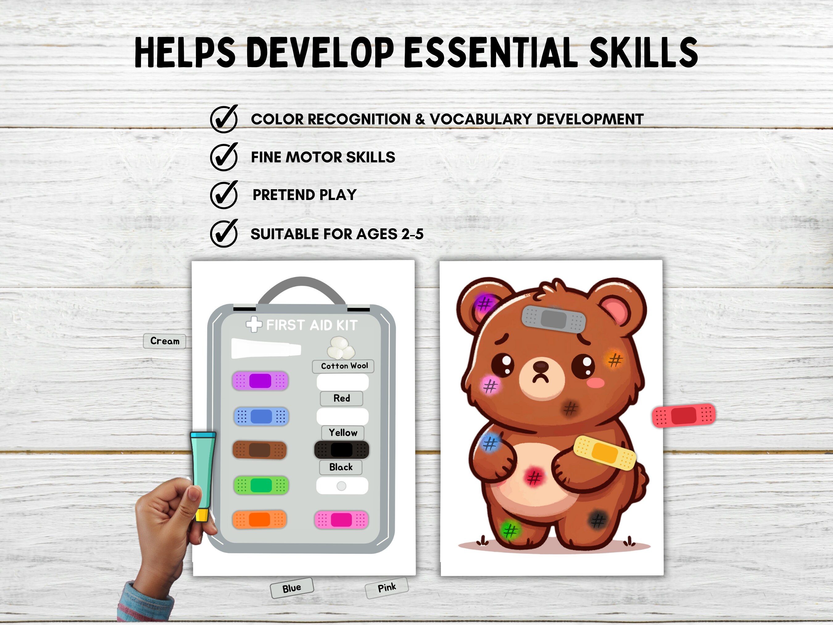 Sick Teddy Color Matching Activity Dramatic Play Pretend First Aid Kit ...