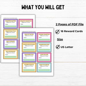 Pu&ograve; includere: Due pagine di schede di ricompensa stampabili per bambini. Le schede sono progettate con bordi colorati e stelle dorate. Le schede sono in formato US Letter e includono 16 schede di ricompensa diverse.