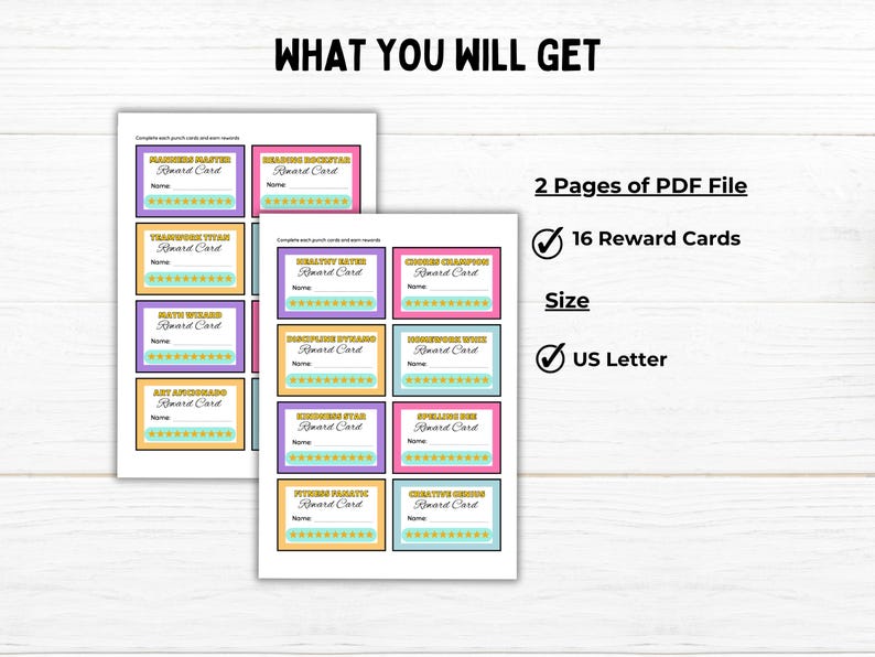 Pu&ograve; includere: Due pagine di schede di ricompensa stampabili per bambini. Le schede sono progettate con bordi colorati e stelle dorate. Le schede sono in formato US Letter e includono 16 schede di ricompensa diverse.