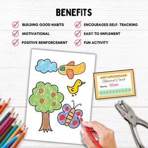 Pu&ograve; includere: Un grafico di ricompensa stampabile per bambini con un disegno colorato di un aereo, un albero, una farfalla e un uccello. Il grafico include una sezione per il nome del bambino e stelle per tracciare i progressi. Il grafico &egrave; progettato per incoraggiare le buone abitudini e l'automonitoraggio.