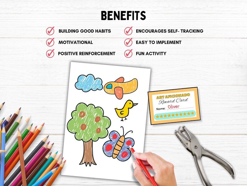 Pu&ograve; includere: Un grafico di ricompensa stampabile per bambini con un disegno colorato di un aereo, un albero, una farfalla e un uccello. Il grafico include una sezione per il nome del bambino e stelle per tracciare i progressi. Il grafico &egrave; progettato per incoraggiare le buone abitudini e l'automonitoraggio.