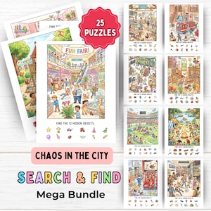 Puede incluir: Un conjunto de 25 rompecabezas de "Busca y Encuentra", con ilustraciones detalladas de varias escenas. El mega paquete "Caos en la ciudad" incluye imágenes con el texto "Encuentra los 12 objetos ocultos" y "Fun Fair!" en la parte delantera.