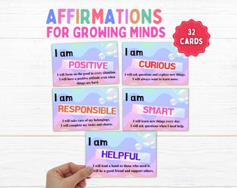 Printable Kids Affirmation Cards - Build Self-Esteem Positive Thinking, Growth Mindset Cards, Mindfulness for kids, Character building cards