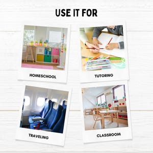 May include: Four Polaroid-style photos with the text "USE IT FOR" at the top. The photos show different settings where a product could be used: homeschool, tutoring, traveling, and classroom.