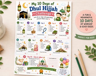 Dhul Hijscha Herausforderung für Kinder, Hajj & Eid Al Adha Aktivität druckbar, 10 Tage gute Taten Tracker Islamisches Arbeitsblatt, Islamische Homeschool