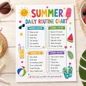 May include: A white paper summer daily routine chart featuring colorful illustrations of a sun, popsicle, watermelon, beach ball, and flip-flops. The text includes sections for morning, learning, helping, summer fun, and evening routines with checkboxes.