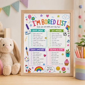 May include: A framed "I'M BORED LIST" with colorful illustrations and text. The list includes "Quick Ideas," "Get Moving," "Create Something," and "Helpful & Kind" activities. A plush bunny, rainbow stacker, and pencils in a pastel holder are in the foreground.