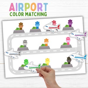 May include: A printable airport color matching game for kids. The game features a runway with control towers in different colors and airplanes to match.