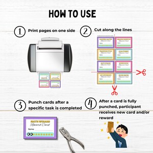 Pu&ograve; includere: Come utilizzare un set di carte di ricompensa colorate per bambini. Le carte hanno un design a stella dorata e il testo "Math Wizard Reward Card". Le istruzioni includono la stampa, il taglio, la punzonatura e la ricompensa.