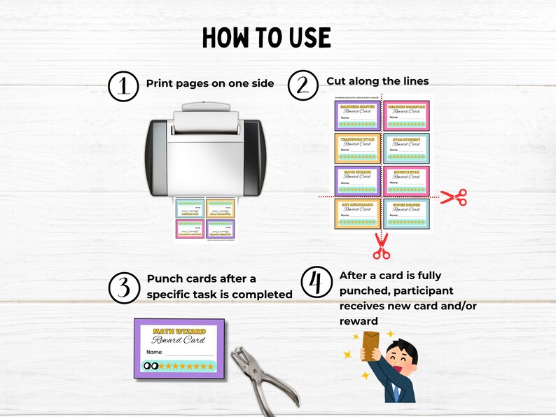 Pu&ograve; includere: Come utilizzare un set di carte di ricompensa colorate per bambini. Le carte hanno un design a stella dorata e il testo "Math Wizard Reward Card". Le istruzioni includono la stampa, il taglio, la punzonatura e la ricompensa.