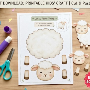 May include: A printable kids' craft sheet with instructions to cut and paste a sheep. The image includes a purple glue stick, teal scissors, and cut-out sheep parts. The text reads "Cut & Paste Sheep".