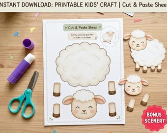 Cut and Paste Sheep Craft Printable, Watercolor Farm Activity for Toddlers ,Preschool Busy Book Page, Fine Motor Scissor Skills Worksheet