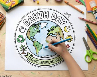 Earth Day Coloring Page Craft for Kids, Earth Day Activity Printable, Classroom Earth Day Project, Reduce Reuse Recycle Worksheet, DIY Kit
