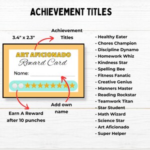 Pu&ograve; includere: Un modello di carta di ricompensa stampabile per bambini. La carta &egrave; gialla con un sistema di valutazione a stelle blu e bianco. La carta &egrave; intitolata "Art Aficionado Reward Card" e ha uno spazio per un nome. La carta misura 3,4 pollici per 2,3 pollici. La carta &egrave; progettata per essere utilizzata con un sistema di punzonatura. La carta dice "Guadagna una ricompensa dopo 10 punzonature". La carta ha anche uno spazio per aggiungere un nome. La carta &egrave; accompagnata da un elenco di titoli di realizzazione per bambini, come "Mangia sano", "Campione delle faccende", "Dinamo della disciplina", "As dei compiti", "Stella della gentilezza", "Ape dell'ortografia", "Fanatico del fitness", "Genio creativo", "Maestro delle buone maniere", "Rockstar della lettura", "Titano del lavoro di squadra", "Studente stella", "Mago della matematica", "Stella della scienza", "Aficionado dell'arte", e "Super aiutante".