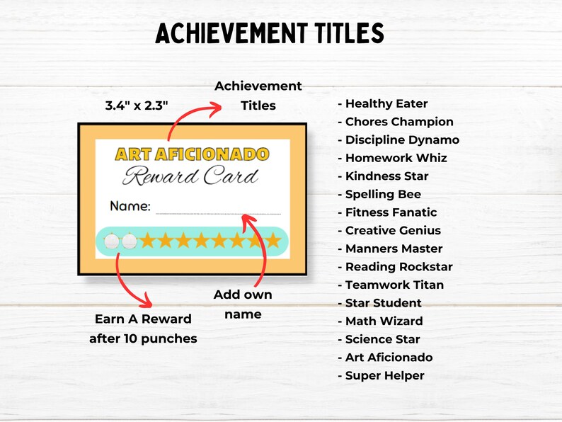 Pu&ograve; includere: Un modello di carta di ricompensa stampabile per bambini. La carta &egrave; gialla con un sistema di valutazione a stelle blu e bianco. La carta &egrave; intitolata "Art Aficionado Reward Card" e ha uno spazio per un nome. La carta misura 3,4 pollici per 2,3 pollici. La carta &egrave; progettata per essere utilizzata con un sistema di punzonatura. La carta dice "Guadagna una ricompensa dopo 10 punzonature". La carta ha anche uno spazio per aggiungere un nome. La carta &egrave; accompagnata da un elenco di titoli di realizzazione per bambini, come "Mangia sano", "Campione delle faccende", "Dinamo della disciplina", "As dei compiti", "Stella della gentilezza", "Ape dell'ortografia", "Fanatico del fitness", "Genio creativo", "Maestro delle buone maniere", "Rockstar della lettura", "Titano del lavoro di squadra", "Studente stella", "Mago della matematica", "Stella della scienza", "Aficionado dell'arte", e "Super aiutante".
