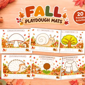 Puede incluir: Un conjunto de 20 tapetes de plastilina imprimibles con temática otoñal que incluyen ilustraciones de un hongo, un caracol, un manzano, un erizo, un girasol y una bufanda. Cada tapete rectangular muestra un gráfico estacional.