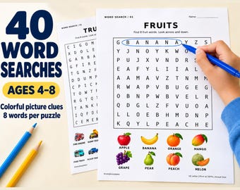 Könnte beinhalten: Ein Wortsuchrätsel-Arbeitsblatt mit dem Titel FRUITS, das ein Buchstabenraster und farbenfrohe Obstillustrationen wie Apfel, Banane, Orange, Mango, Traube, Birne, Pfirsich und Melone enthält. Ein blauer Stift umkreist das Wort BANANA.