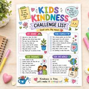 Könnte beinhalten: Eine Kids Kindness Challenge Liste mit farbigem Text und Illustrationen. Das Dokument enthält Abschnitte für Zuhause, Familie, Freunde und die Welt mit Checkboxen für verschiedene Aufgaben. Es ist mit Herzen, Blumen und einem Globus verziert.