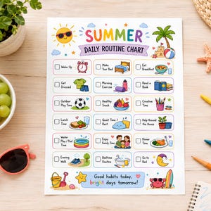 Summer Daily Routine Chart Printable, Kids Visual Schedule, Preschool Checklist, Morning Evening Routine Tasks, Homeschool Daycare Planner