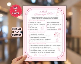 Mall Scavenger Hunt Printable Game for Teens & Tweens, Fun Girls’ Day Out Activity Coquette Theme Party photo scavenger Riddle Treasure Hunt